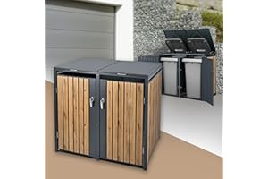 ML-Design Box pour 2 Poubelles, 240L, 132x80x116,3 cm, en Acier, Anthracite/Aspect Chêne, Résistant aux Intempéries, Habillage de Poubelle avec Couvercle Rabattable/2 Portes, Conteneur Abri Hangar