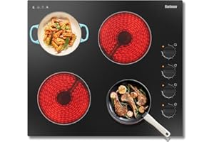 ‎KARINEAR Karinear Glaskeramikkochfeld 4 Platten, Kochfeld Autarkes 60 cm, Drehknopf, Schwarz Matte Keramikglas, 6000W, 4 herdplatten, Automatische Abschaltung, Überhitzungsschutz, kein Stecker, 240V, 32A
