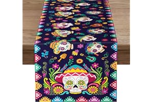 PWSAP Camino de Mesa Dia de los Muertos con Estampado de Calaveras Flores, Halloween Camino de Mesa de Lino, Mexicano Corredor Mesa Lavables, Halloween Mexicana Cinco de Mayo Fiesta Decoración, 180 x 35cm