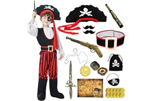 WELLCHY Costume de Pirate pour Enfants, Deguisement de Pirate Accessoire avec Chapeau Cache Oeil Compass, Costumes de pirate pour Garçons 4-10 Ans pour Carnaval Halloween