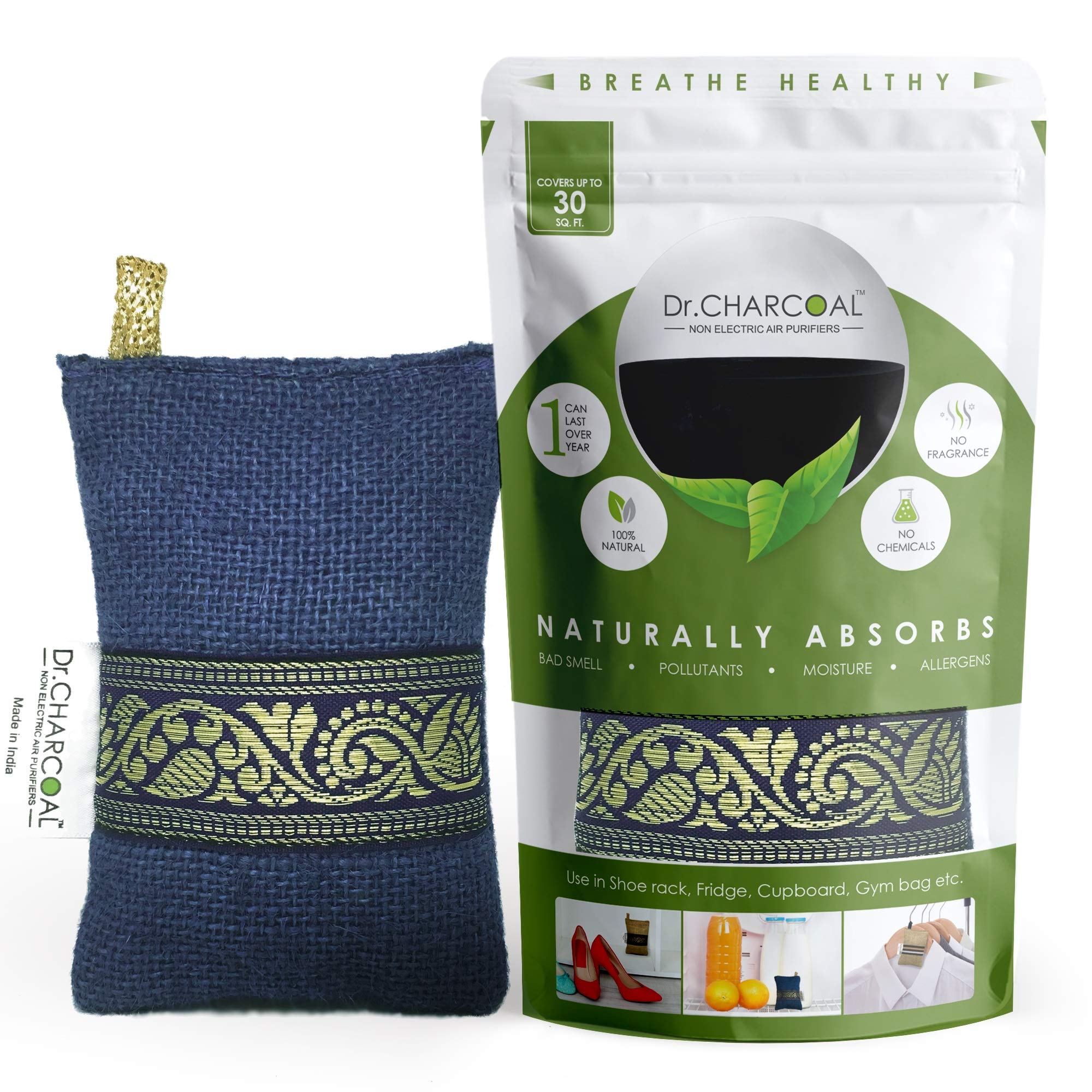 Dr. CHARCOAL Activated Carbon Bag To Remove Moisture And Odor From Wardrobe, Shoe Rack And Fridge - 75 Grams (Classic Neel),