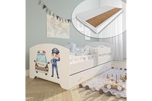 ‎KIDS COLLECTIVE Kids Collective Kinderbett 70x140 / 80x160 Komplett Set inkl. Matratze, Lattenrost, Schublade & Rausfallschutz | Einzelbett für Kinder von 2 – 10 Jahren | 80x160 cm | weiß mit Polizei Motiv