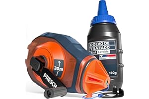 PRESCH Tiralineas de 30m incl. tiza azul (150g) - Rápida retracción gracias al engranaje 6:1 - Fácil de limpiar para marcas temporales - Cordón robusto para líneas precisas