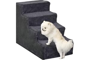 PawHut Escalera para Perros de 4 Peldaños Escalera para Mascotas con Funda Extraíble y Lavable para Cama Sofá 60x35x44 cm Gris Oscuro