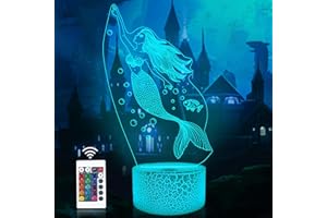 Attivolife Mermaid 3D Illusion Lamp, Princess Night Light with Remote Control + Timer 16 Color Changing Desk Lamps Kids Fairy Room Decor Plug in Festival Birthday Gifts for Girls Women Child