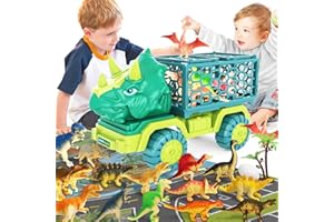 JKGIFTS Dinosaur Truck Toy for Kids 3-5 Years Old, Triceratops Transport Car Carrier Truck with 15 Dino Figures Activity Play Mat Egg and Trees Dinosaur Escape Play Set Boys Girls Easter Birthday Christmas