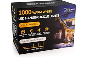 CHRISTOW Hanging Icicle Christmas Lights, 1000 Warm White LED, 30m Lit Length, Indoor & Outdoor, Mains Powered with Timer, 8 Flash Lighting Modes with Memory, Fairy String Light Xmas Decorations