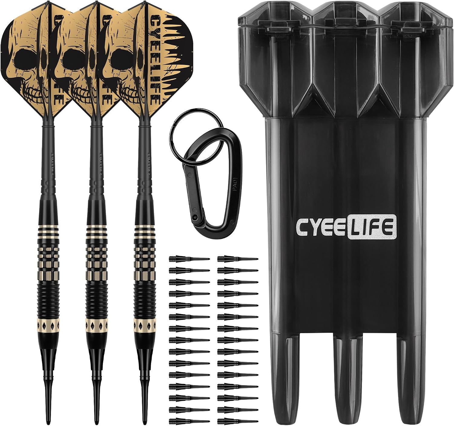 CyeeLife Dardos de punta suave con funda de transporte de regalo, punta de plástico profesional con barril de latón + 3 plumas de dardos integradas y 30 puntas de plástico, juego de dardos de punta