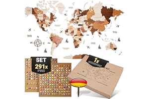 WOW WOOD Premium Wanddeko 3D Weltkarte Holz in Deutsch mit Pins | Werkzeuglose Wandmontage | Eine Geschenkidee für jede Gelegenheit | Wand deko Holz für Wohn- und Büro Deko (Holzfarbe, 120x62 cms)