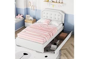 Becag Kinderbett Einzelbett 90x200, Polsterbett mit 2 Schubladen Stauraum, Bettgestell mit Lattenrost, Stauraumbett Rückenlehne Bett Jugendbett Gästebett, Ohne Matratze, Leinen (Hellbeige-B)