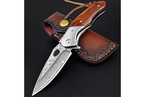 KOMWERO Damast Taschenmesser Klappmesser mit Damaststahl Klinge, Holzgriff, Flipper, Messerscheide Leder - Damastmesser Einhandmesser für Outdoor Survival Sammlung Geschenk