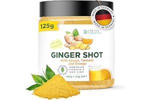 DETOX ORGANICA Ginger Shots with Vitamin C-135 Servings - 125g Ginger and Turmeric Shot Powder with Orange, Cayenne Pepper and Zinc-Vegan, with Natural Ingredients-No Added Sugar- Mix with Water, Juice or Tea