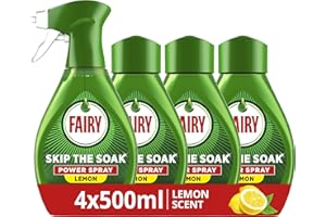 Fairy Skip the Soak Dish Spray Kit Lemon, Trigger + 4x500ml Refill. 100% Grease Removal for Dishes & Surfaces.