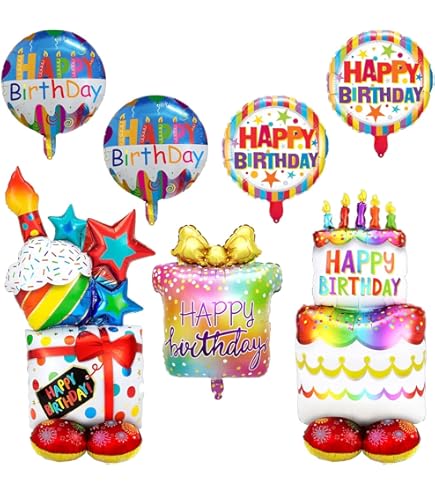 Torta di Compleanno Palloncini in Alluminio, 4 Pezzi Palloncino in Piedi Per Torta di Compleanno, Foil Palloncino Happy Birthday, Palloncini di Compleanno con Motivi Colorati per Feste