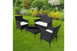 shine planet 4 Seater Garden Patio Furniture Set Rattan Garden Furniture with sponge padded water resistant cushions and Tempered Glass Table good for Garden, Backyard (Black +Beige Cushions)