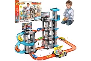 MOUNTTU Car Garage Toy 1 Set 3 Layer Toy Car Garage with Heliport Easy Assembly Toy Car Ramp with Launcher Interactive Developmental Toy Car Track Gifts for Boys