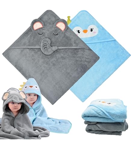 Aolso Handdoek voor baby's, 80 x 80 cm, set babybadhanddoek, babyhanddoek met capuchon, zacht en absorberend, koraalfleece, badhanddoek met capuchon voor pasgeborenen en zuigelingen (grijze olifant