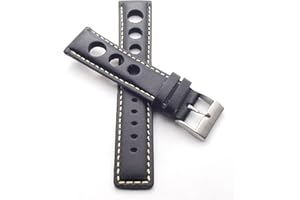 KLUG-VERSAND 20 mm Rallye Reloj de Pulsera Negro, Piel auténtica con perforación Racing con Costura Blanca