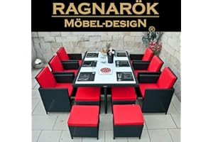 Ragnarök-Möbeldesign Heimdall Premium PolyRattan - Deutscher Hersteller - 8 Jahre GARANTIE - Aluminium Gartenmöbel Essgruppe Tisch Stuhl Hocker Schwarz Rostfrei Rattan Garten Sitzgruppe