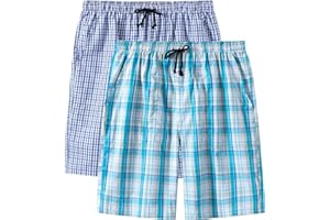 MoFiz Men's 2 Pack Pyjama Bottoms 100% Cotton Checked Lounge Wear Shorts with Pockets