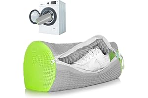 ADEHMDA Reusable Shoe Washing Machine Bag, Trainer Washing Machine Bag with Zipper, Laundry Shoe Bag for Washer & Dryer, Elongated Thicken Microfiber Fluff, Fits Multiple Shoe Types (1pc, Grey-Green)
