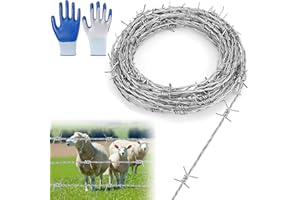 BHHTBB Fil barbelé - 1,8 mm x 10 m - Fil barbelé galvanisé à 4 points - Avec gants - Pour clôture, clôture métallique, clôture de pâturage, défense contre les martres, batte de baseball