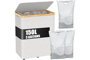 GGISUI Cesto Portabiancheria 150L con Coperchio Bianco sporco Cesta Portabiancheria, Cesto Biancheria Sporca con 3 Sacchetti Staccabili Cesto Panni Sporchi, Cesto Biancheria Pieghevole