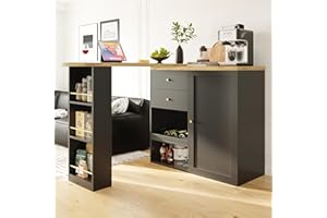 Jaxenor 360° Swivelling Bar Table with 3 Levels of Open Storage Space, Dining Table with 2 Drawers, Kitchen Bar with Sliding Door Cabinet, Suitable for Dining Room/Study/Living Room, Black