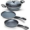 Impex Migo Non Stick Cookware Set Granite 4 Pcs Induction Bottom Cookware Set 3 mm Thick, 5-Layer Super Granite Nonstick Coated Cookware Set,Two Sides Spatter Design, 1 Year Warranty