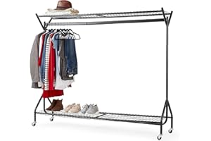 DIRECT ONLINE HOUSEWARE House of Home Clothes Rail with Wheels Super Heavy Duty Metal 1 Tier Rail Wardrobe Replacement Hanging Clothing & Shoe Rack Storage & Organiser for Shirts, Coats, Hat & Shoes 6ft x 5ft Black
