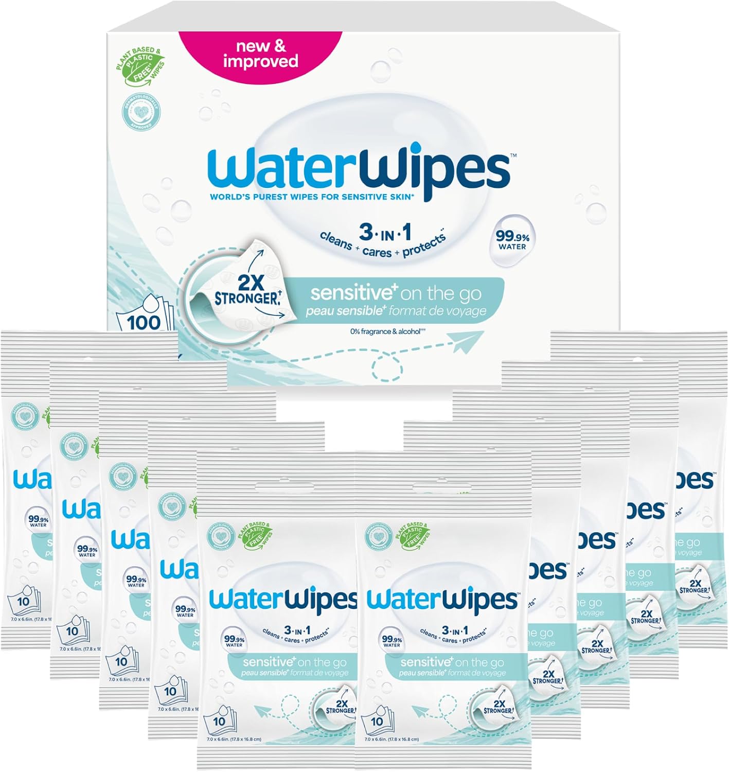 WaterWipes Sensitive+ On The Go Wipes, Toallitas Para Ilevar, 100 unidades (paquete de 10), 3 en 1 Limpia, Cuida, Protege, 99,9% Agua, Toallitas húmedas sin perfume