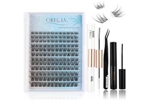Oreola Cluster Lashes Set Pestañas Individuales Natural D Curl 8-16mm Wispy Lash Extensions Base ancha 144PCS Pestañas individuales de banda transparente invisible con Bond&Seal, removedor, aplicador