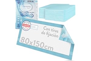 Harmony Care® 20 x Protectores de Cama con Tiras de fijación – 80 x 150 cm absorbentes – Almohadillas Antideslizantes Desechables para incontinencia