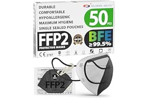 POLONORD ADESTE FFP2 NR D Masks Pack of 50 – Black, CE certified, controlled supply chain, comfortable, hypoallergenic, and adjustable elastic bands. Safe: filtration in wear simulation 99.5%. Single sealed pouches