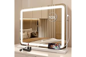STARLEAD Specchio-Trucco-con-Luci 3 Colore Dimmerabile, Specchio-con-Luci-Make-Up 48 x 38 cm con Lente D'ingrandimento 10X, Porta Ricarica USB, Specchio-da-Tavolo Supporto Montaggio Parete, Bianco