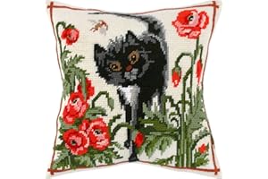 ‎BRVSK Ferine Nadelspitzen-Set für Erwachsene und Anfänger – Eine Katze in Mohnblumen, 40,6 x 40,6 cm mit klarem, präzisem gedrucktem Design auf Baumwollleinwand; inklusive 2 Nadeln, Garn und gut lesbarer