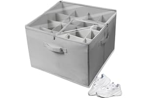 BASVII Szafka Na Buty z 16 Przegródkami - Szafka Na Buty z Pokrywą PVC i Uchwytami - Idealna Do Przechowywania Butów, Zabawek Lub Ubrań, Łatwa w Pielęgnacji i Przenoszeniu (Szary)