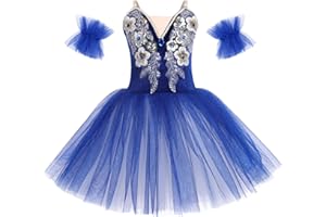 OBEEII Fille Ballet Danse Robe Spaghetti Straps Décalcomanie Brodée Tutu Justaucorps Classique Gymnastique Léotard Costume avec Brassard