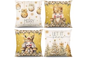 KIKISML Christmas Cushion Covers 18x18 Inch, 4 Pack Christmas Tree Snowflake Reindeer Santa Claus Linen Throw Pillow Cases for Home Decor, Bedroom, Sofa Christmas Decor (Gold)