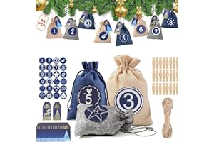 JORAKI Torby do kalendarza adwentowego do napełniania, zrób własny kalendarz adwentowy, torby na prezenty świąteczne z 1-24 naklejkami z cyframi i 24 zawieszkami na prezenty bożonarodzeniowe, 24 dni odliczania DIY kalendarz na Boże Narodzenie