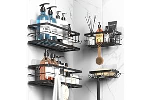 Cooeco 4 Pack Large Shower Caddy, Adhesive Bathroom Storage Caddy Rack, Black Stainless Steel Shower Basket for Kitchen Storage
