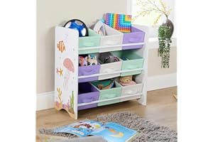 Home Source Children’s Toy Organiser with 9 Fabric Drawers – Kids’ Bedroom Storage Unit with Shelves – Sealife Animal Design