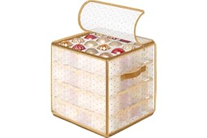 SONGMICS Plastic Christmas Ornament Storage Box, Christmas Ball Organiser, 7.6 cm 64 Compartments, Removable Dividers, Sandy Gold RFB029A03