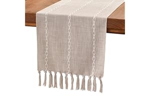 Wracra Bauernhaus Kaffee Tischläufer Vintage Baumwoll Leinen Tischläufer Rustikale 150cm mit Handquasten für Partys, Esszimmer-Dekorationen, Dessert-Tischdekoration(Leichter Kaffee, 150cm)