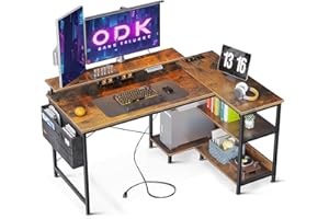 ODK Scrivania Angolare Angolo per Computer, Scrivania a Forma di L con Porta di Ricarica USB e Presa di Corrente Postazione da Lavoro per Casa Ufficio Scrivania Gaming Tavolo (120x80x88cm, Marrone)