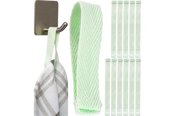 Påsydda handdukshängare, 12 st, 150 x 12 mm öglor, i grönt, av bomull, vikta och sydda ändar, hängarhållare set för kökshandduk, handduk, tyg, dekoration, camping