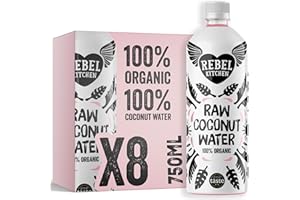 REBEL KITCHEN | Raw Organic Coconut Water | 100% Organic from Young Green Coconuts | No Added Sugars, Preservative-Free | Low-Calorie Natural Hydration | 8 x 750ml