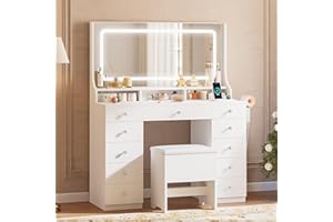 IRONCK Dressing Table with Adjustable 3-Colour Lighting, Vanity Desk with Built-in Plug Socket & Stool, Makeup Desk with 11 Drawers & Hairdryer Holder, White Vanity Table for Bedroom