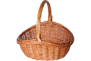GREEN LEAVES Oval Traditional Wicker Shopping High Handle Basket Storage Basket (Medium)