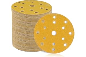 STEBRUAM 50 piezas Discos de lija 150mm de Papeles de Lija 60/80/120/180/400 grano (10 de cada uno) 15 agujeros Ideal para Lijadora Excéntrica y Lijadora Orbital - Amarillo